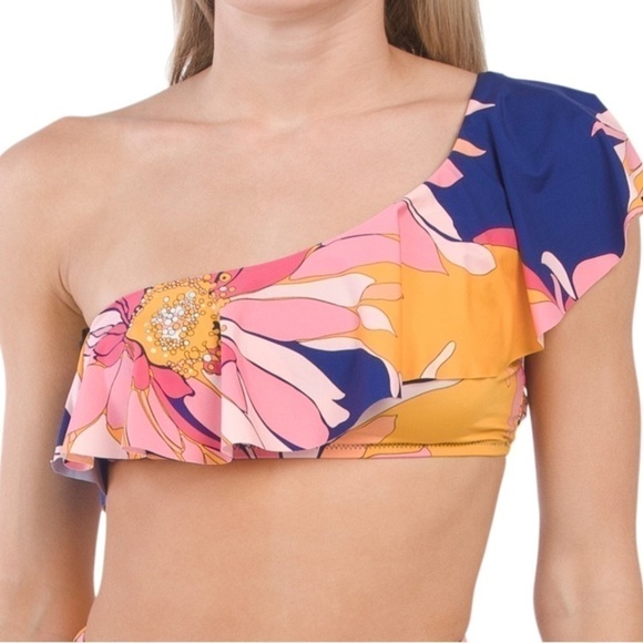 Trina Turk Breeze Ruffled One Shoulder Bikini Top size 14 NWT - Picture 6 of 6